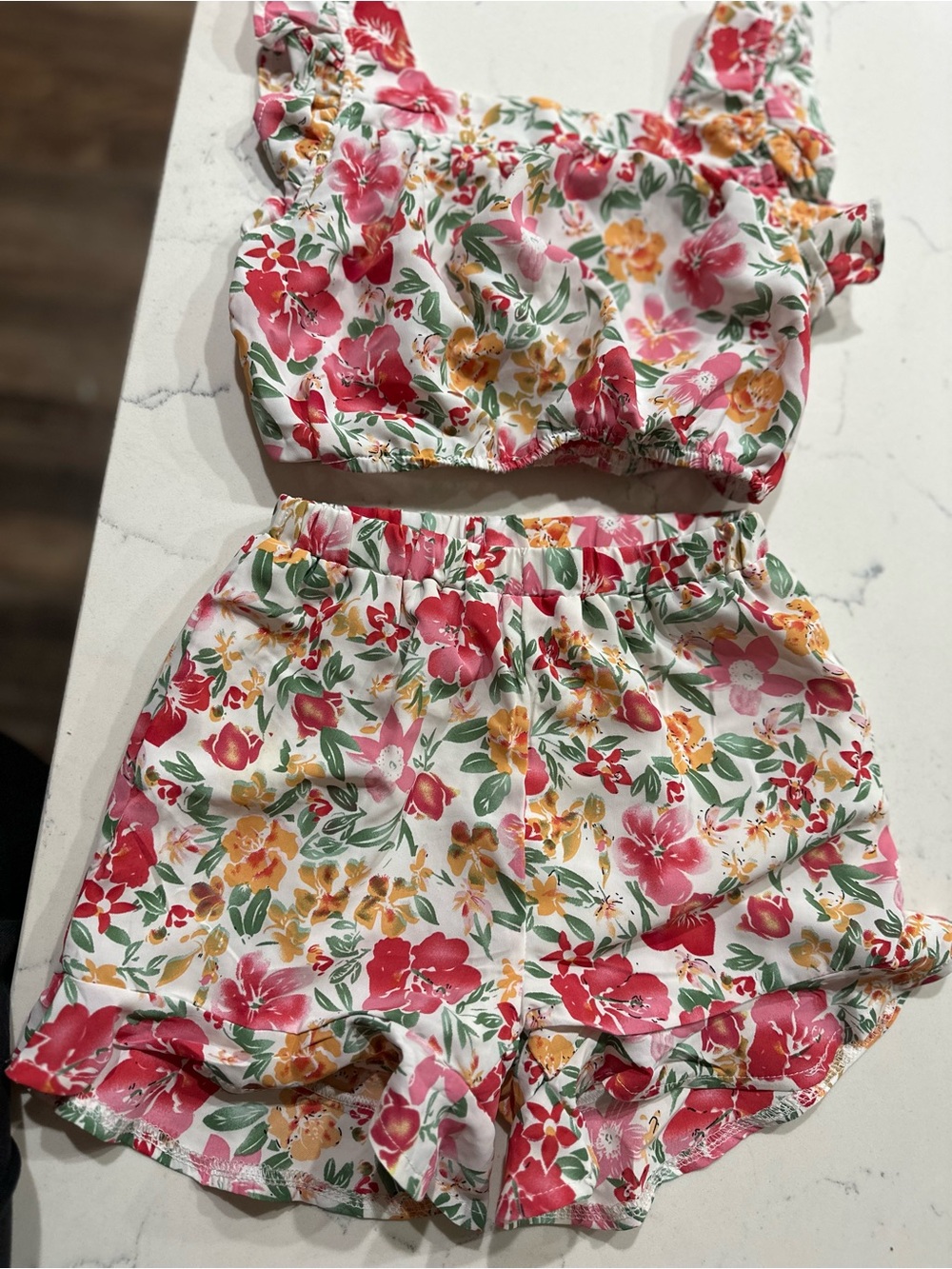 Pink lily- Girls Pink Floral Ruffle Shorts set